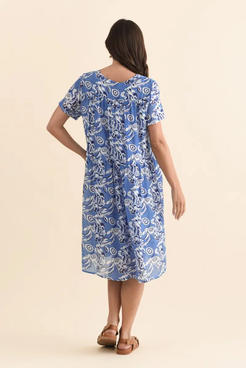 Viscose Knee-Length Floral Pocket Pleated Round-Neck Short-Sleeve Dress