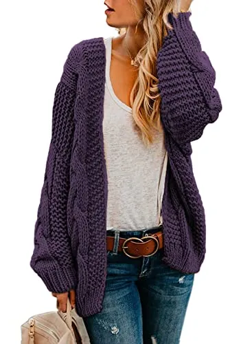 Womens Open Front Long Sleeve Chunky Knit Cardigan Sweaters Loose Outwear Coat