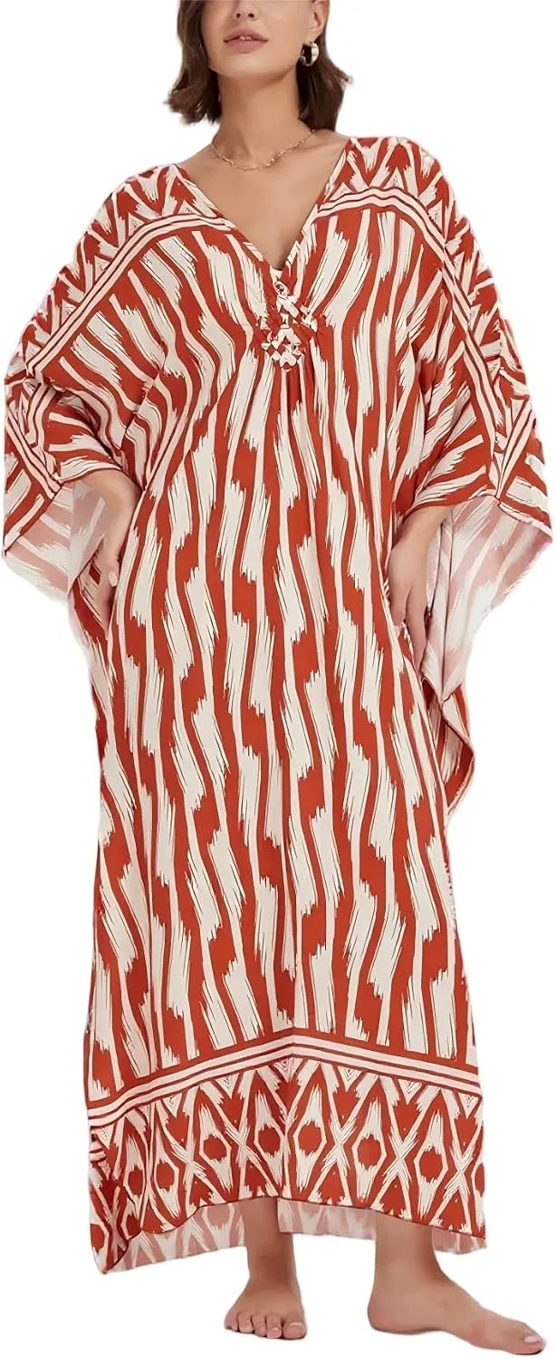 IMAGEKOPE Kaftan Dresses for Women Plus Size V-Neck Moo Moos Batwing Kaftan Beach Dress Bathing Suit Cover-Up Loungewear