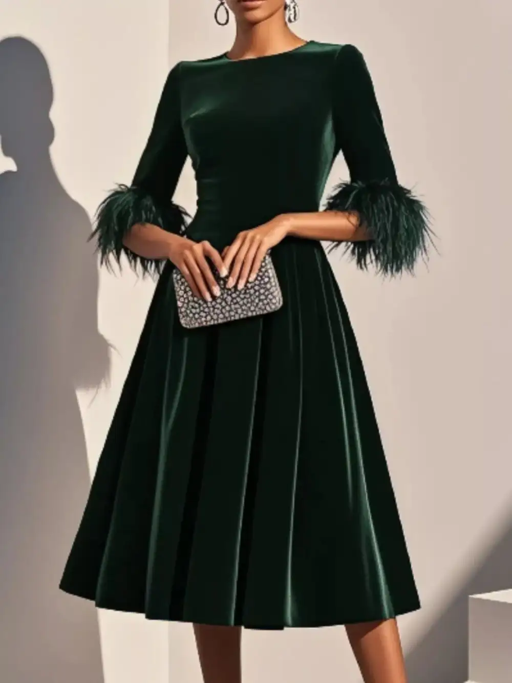 Velvet Midi Dress with Feather Cuffs
