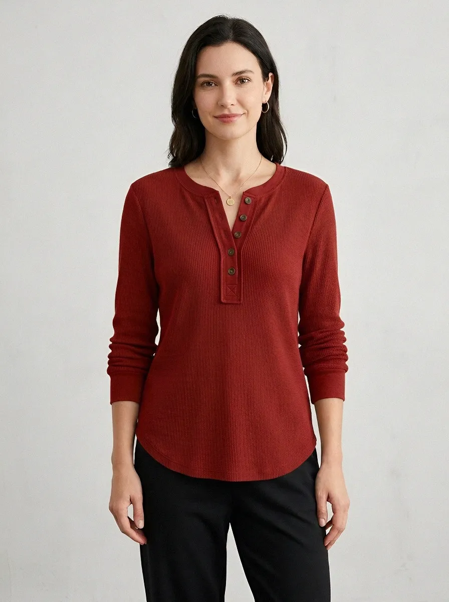 Women's Olive Green Waffle Knit Button Placket Henley Shirt
