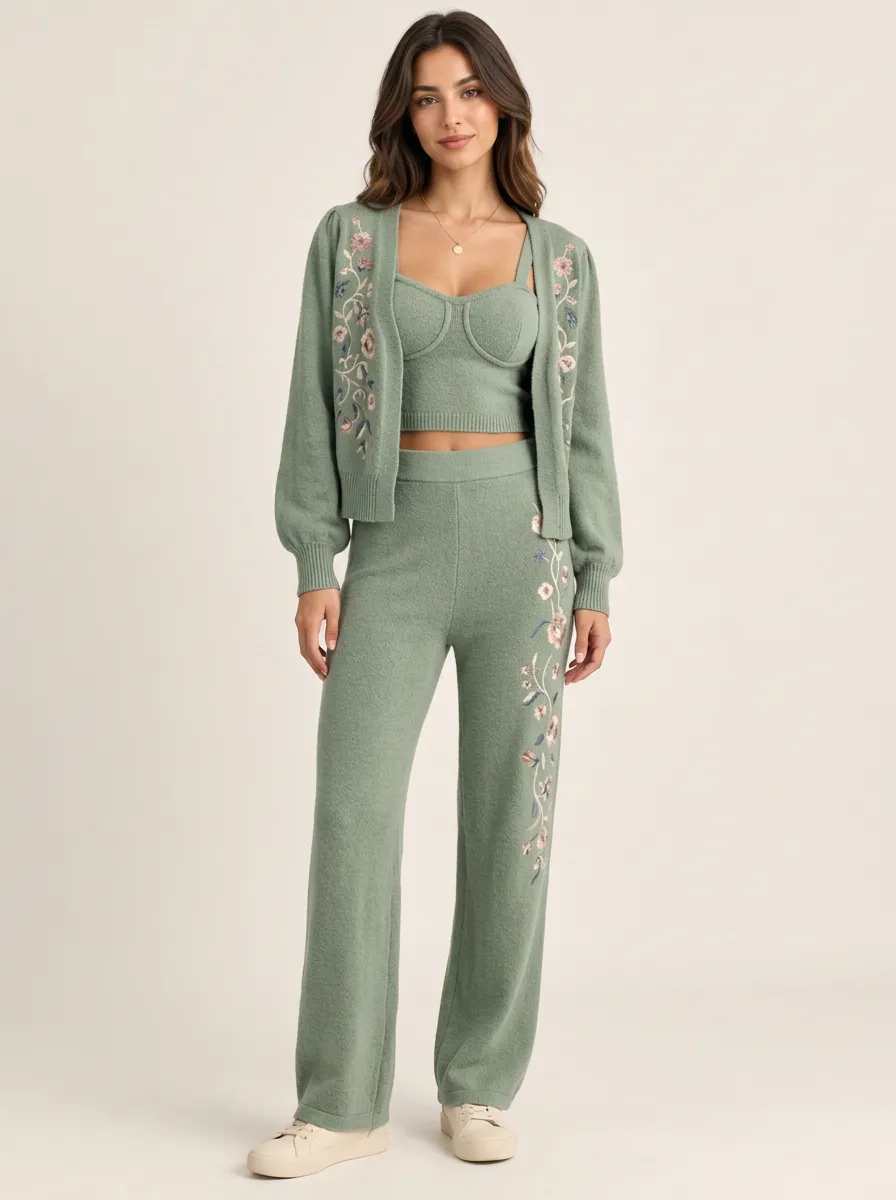 Women's Floral Embroidery Sage Green Knitted 3-Piece Set