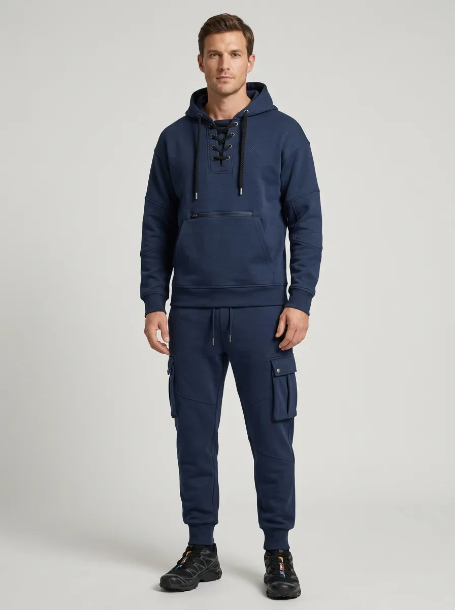 Streamlined Lace-Up Multi Pocket Relaxed Look Men's Lace Up Hoodie And Cargo Jogger Set