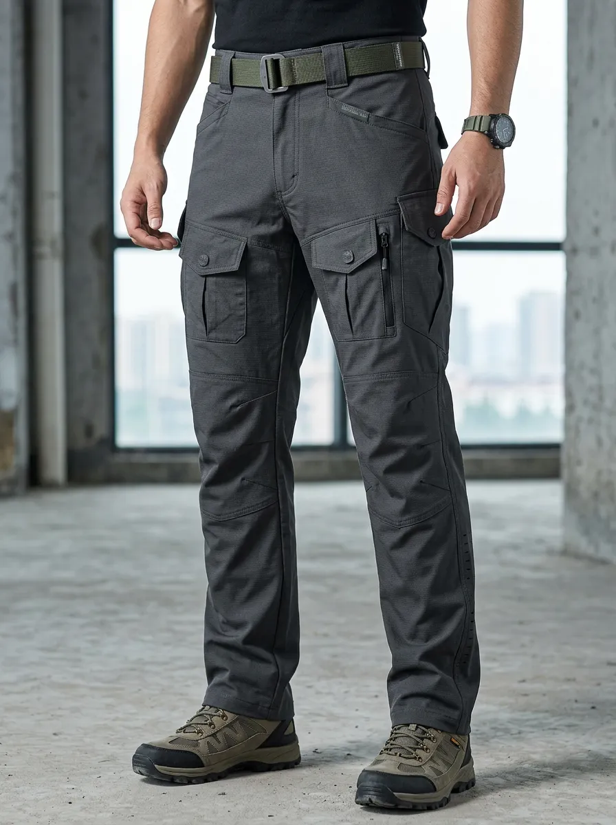 Men's Tactical Cargo-Pocket Articulated-Knee Knee-Panel Grid-Weave Cargo Pants