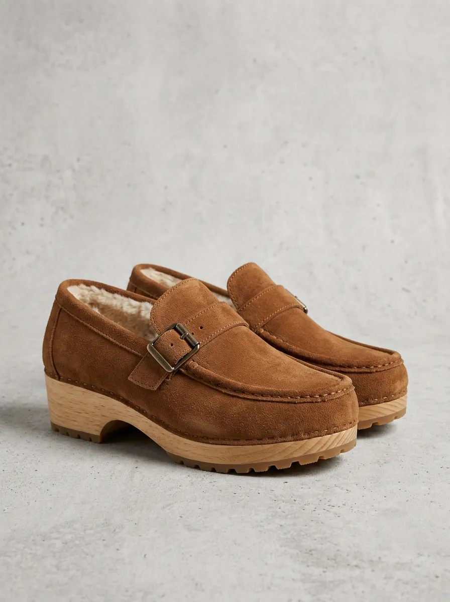 Women's Faux Fur Lined Buckle Detail Clog Style Suede Wood Sole Loafers
