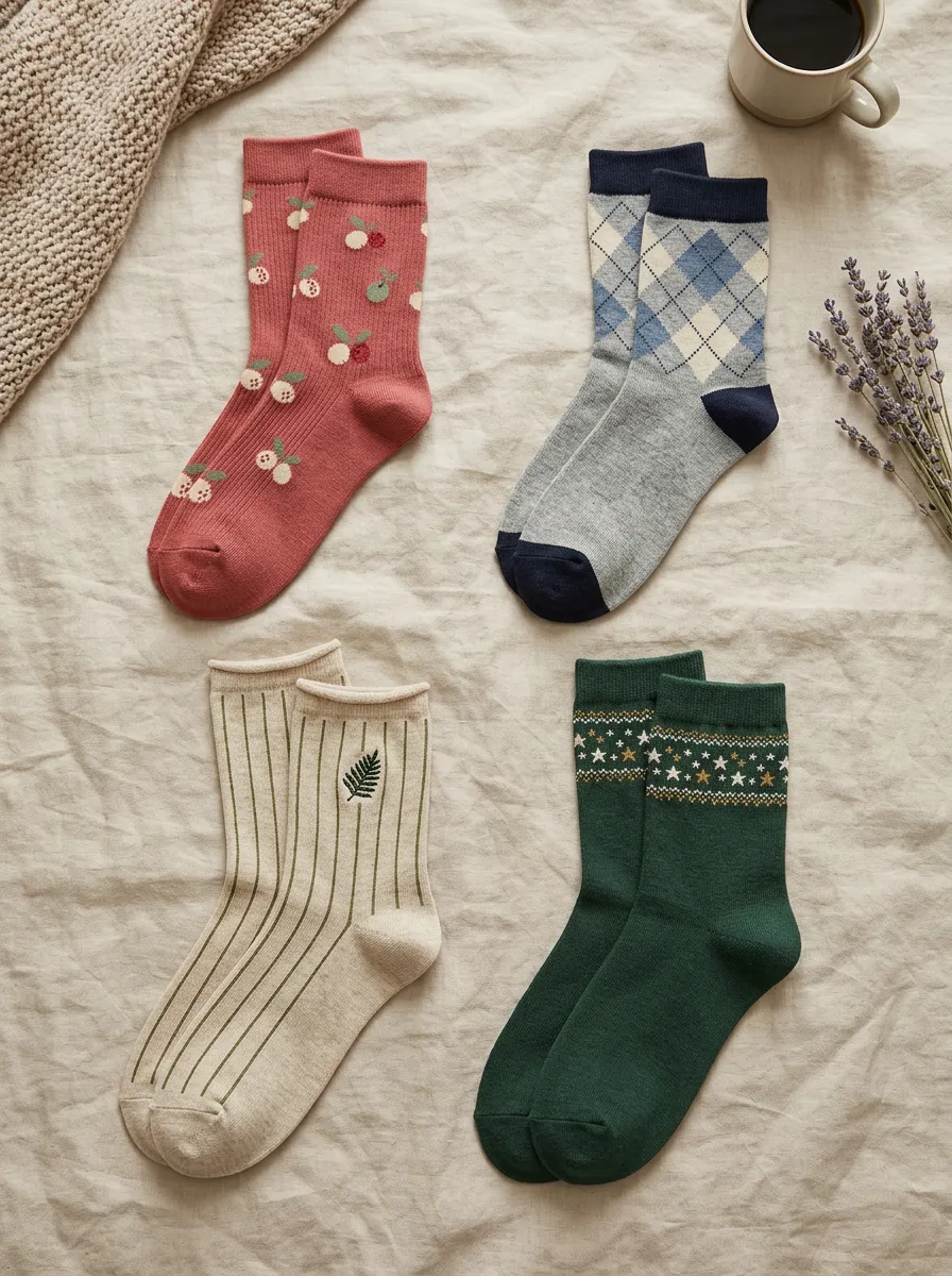 Women's Vintage Style Cherry Plaid Fern Star Printed Socks Set