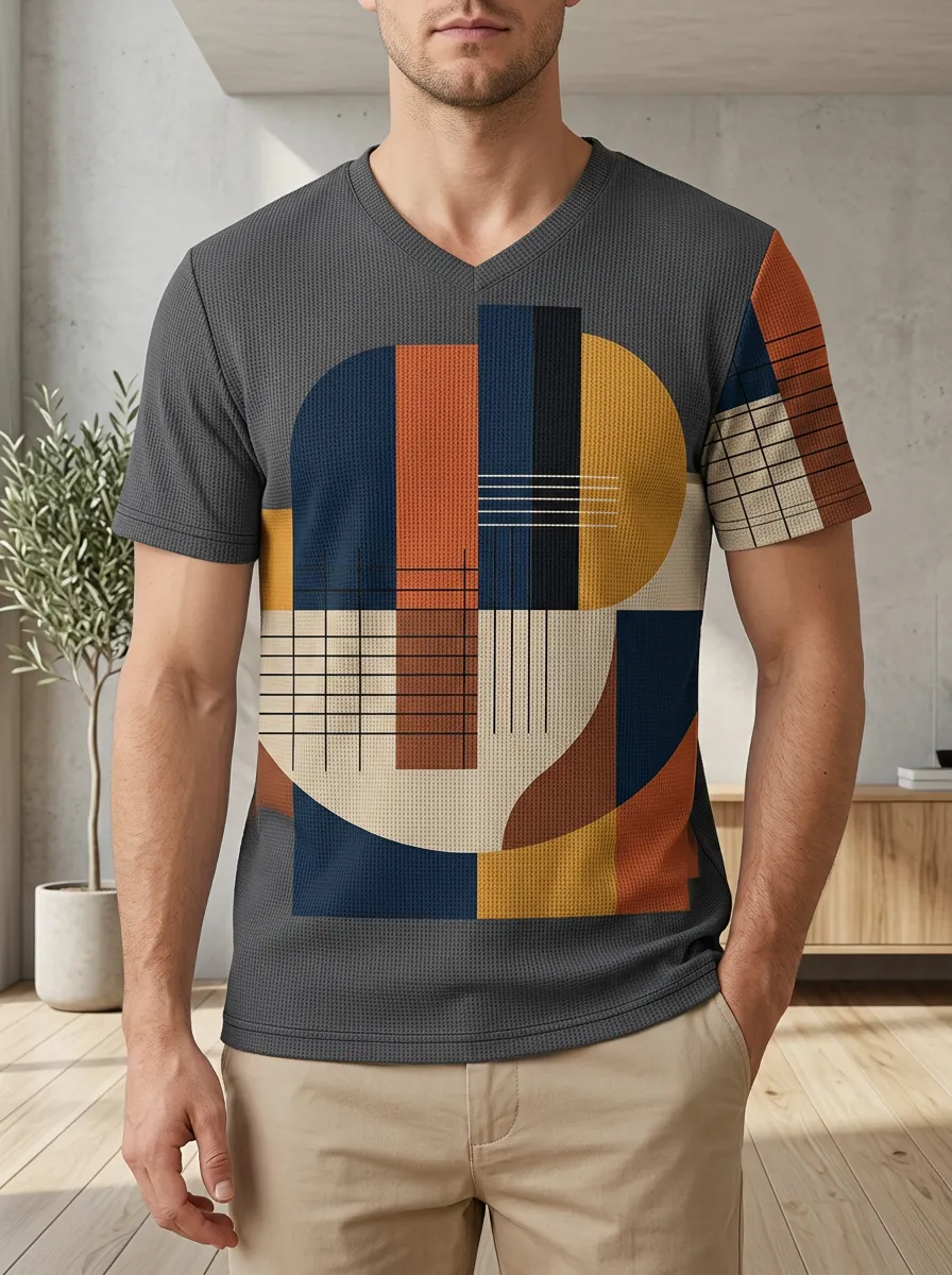 Men's Modern Abstract Geometric Pattern V-Neck T-Shirt