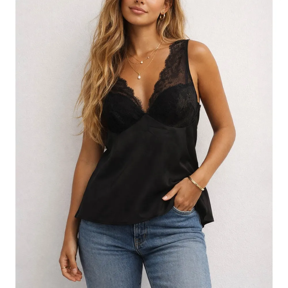 Satin Lace Panel V Neck Sleeveless Top