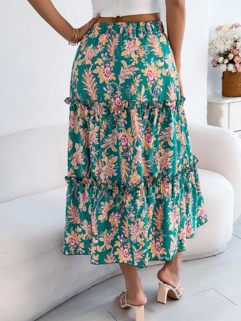 Print Ruffle Hem Flowy Midi Skirt
