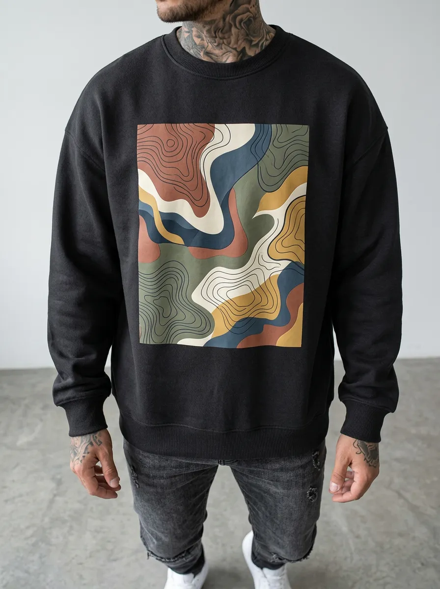 Men's Abstract Topographic Map Printed Crewneck Sweatshirt