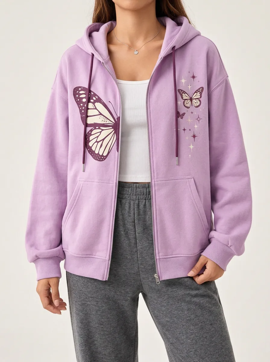 Women's Serene Butterfly and Stars Zip Up Hoodie