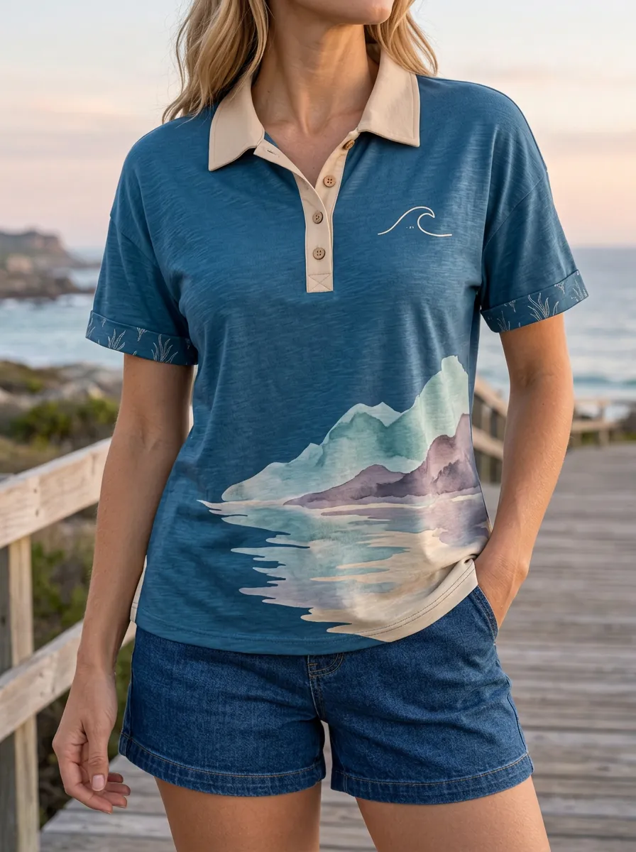 Women's Ocean Mountain Landscape Wave Printed Polo Shirt