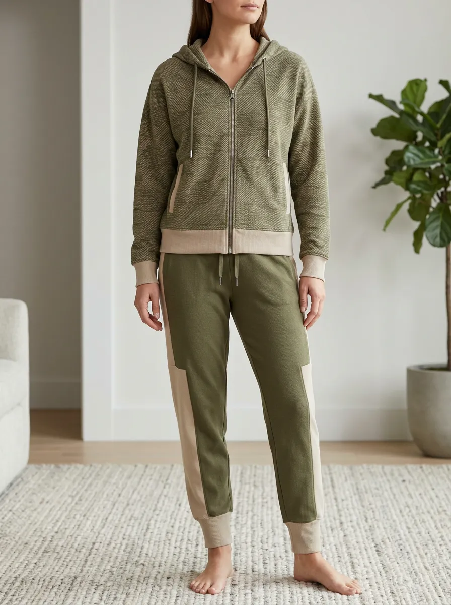 Women's Textured Ribbed Colorblock Zip Hoodie Jogger Set
