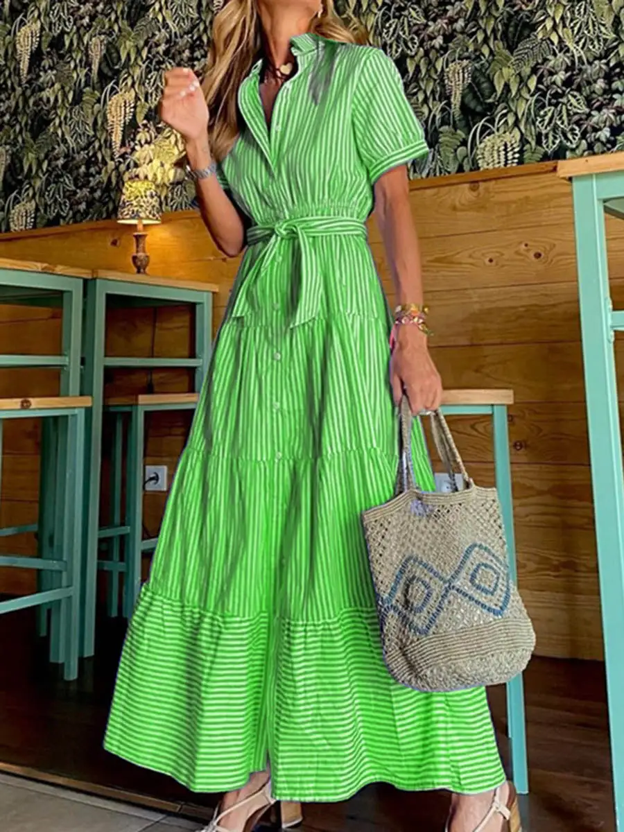Pleated Buttoned Sleeve Shirt Maxi Dress