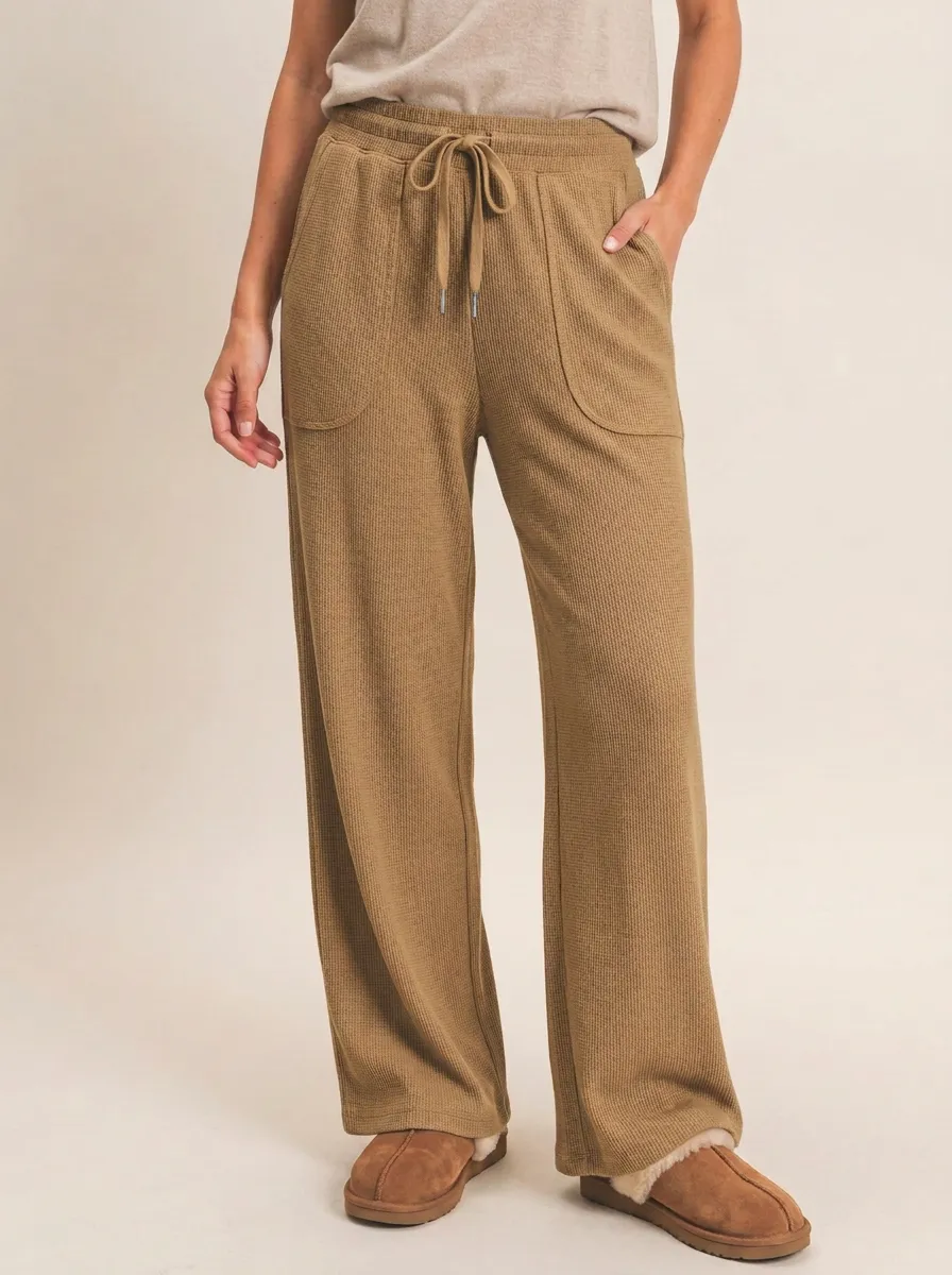 Women's Casual Lounge Waffle Knit Drawstring Wide Leg Pants