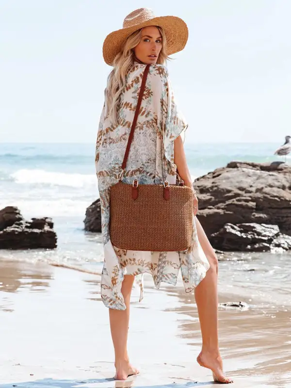 Mid Length Slit Chiffon Printed Sunscreen Swimsuit