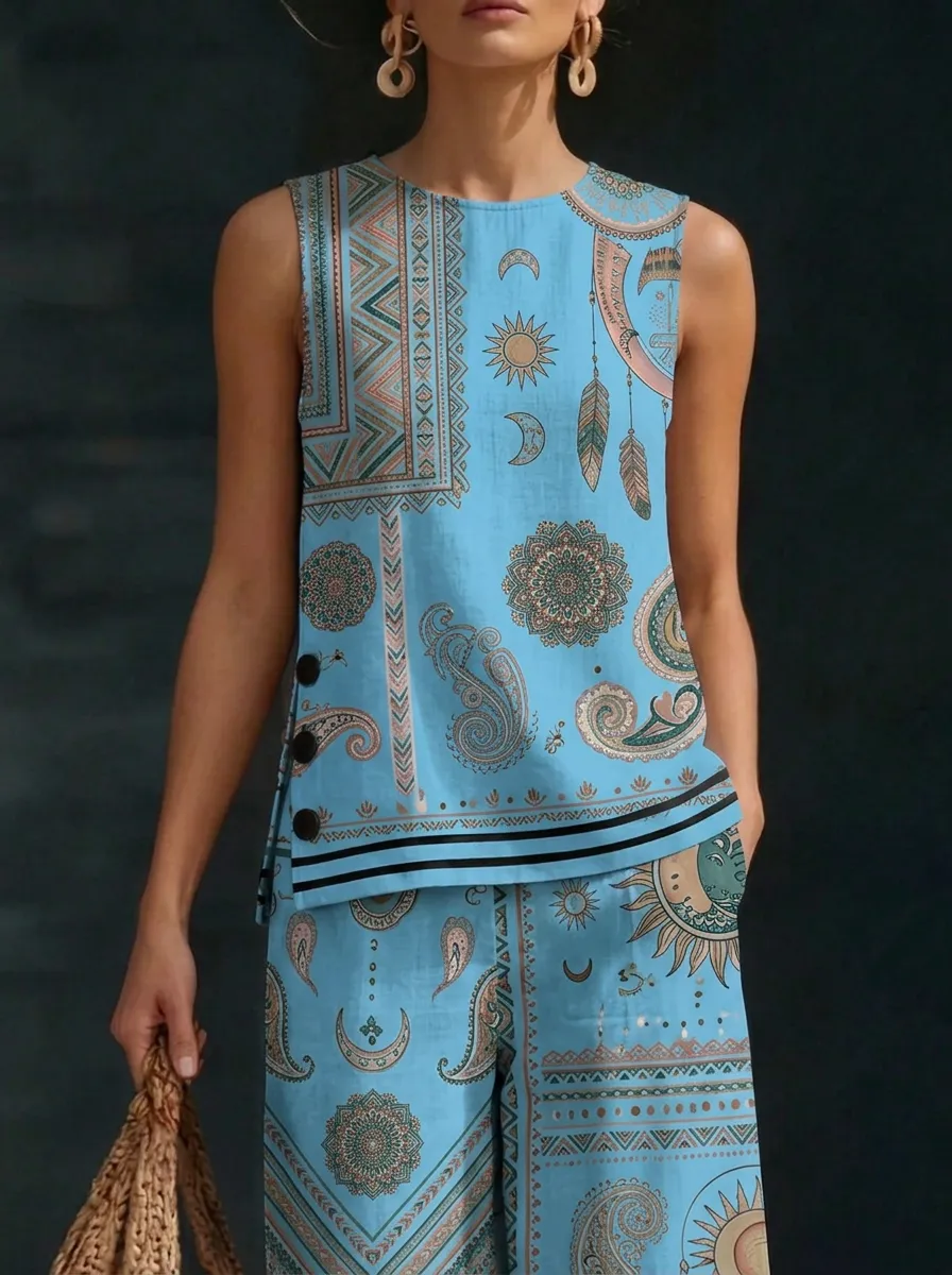 Women's Boho Mandala Sun Moon Printed Sleeveless Set