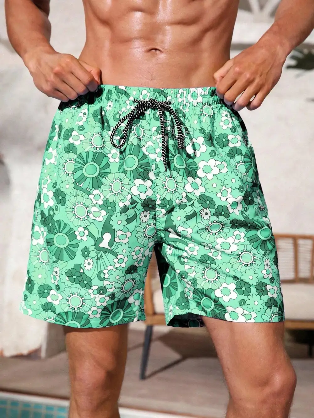 Men's Drawstring Floral Pocket Beach Shorts