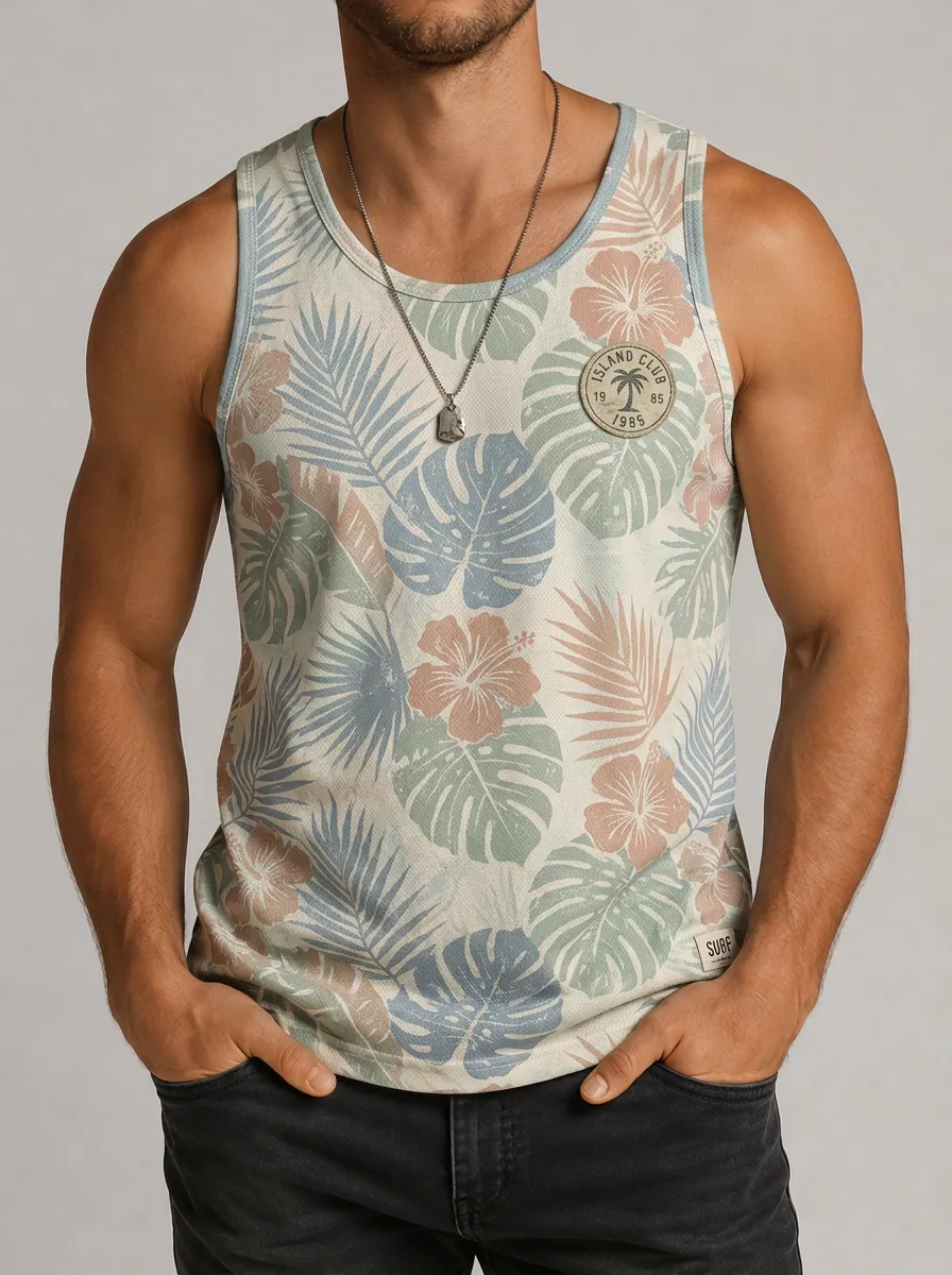 Men's Tropical Island Club Hibiscus Leaf Printed Tank Top