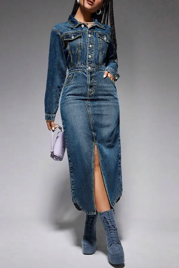 Washed Denim Mid-Slit Midi Dress