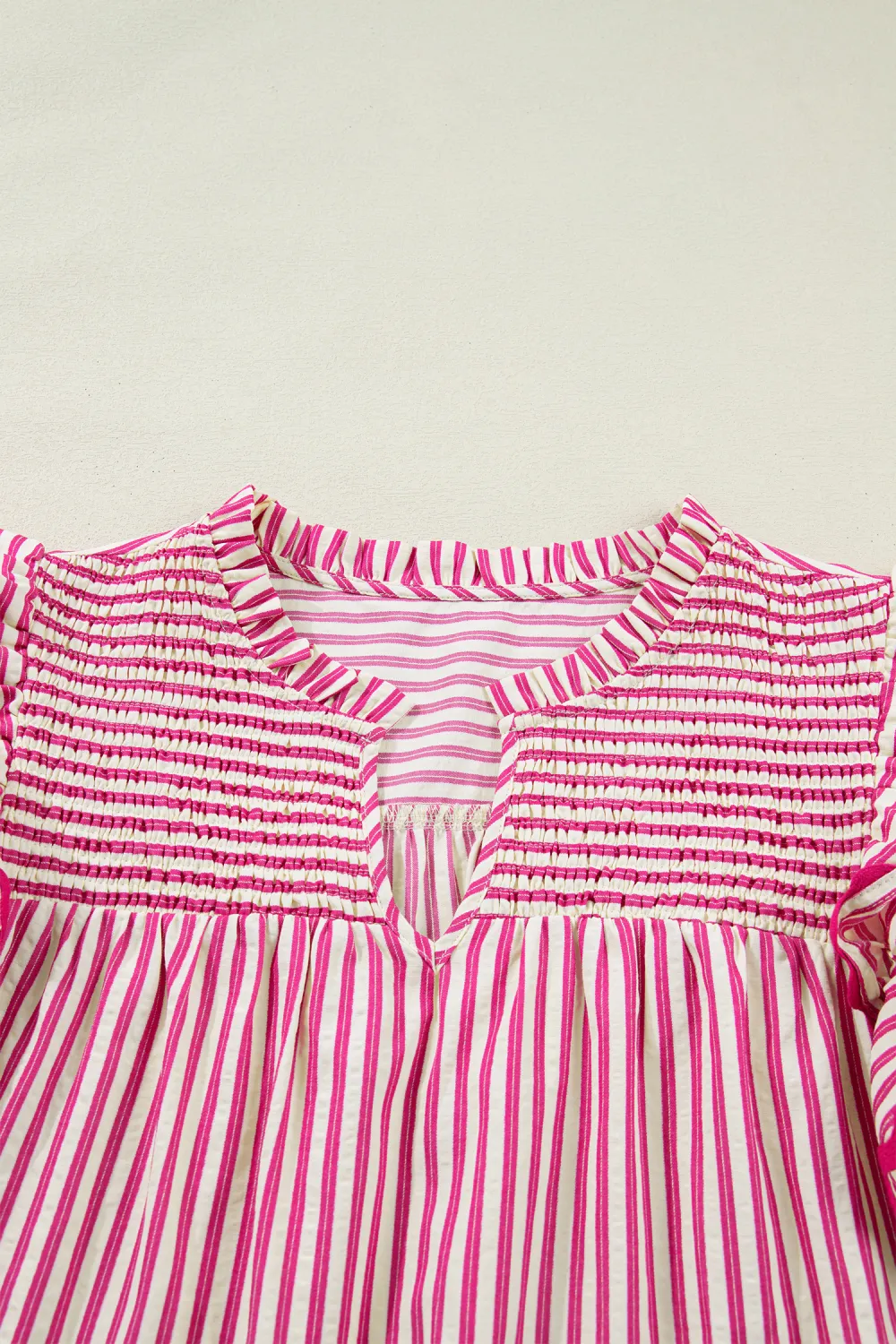 Rose Stripe Shirred Yoke Ruffled Blouse