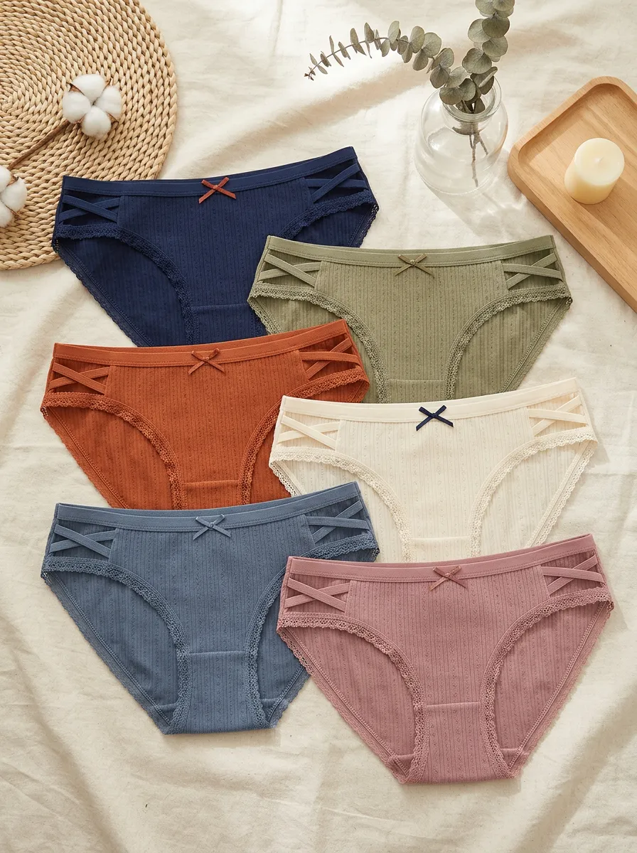Women's Ribbed Bowknot Cross-Strap Lace-Trimmed 6-Pack Panties