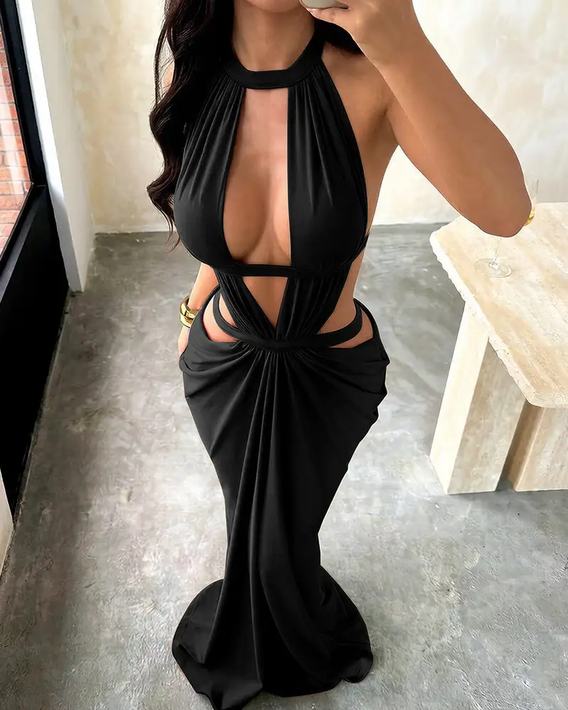 Goddess Halter Cutout Draped Maxi Dress