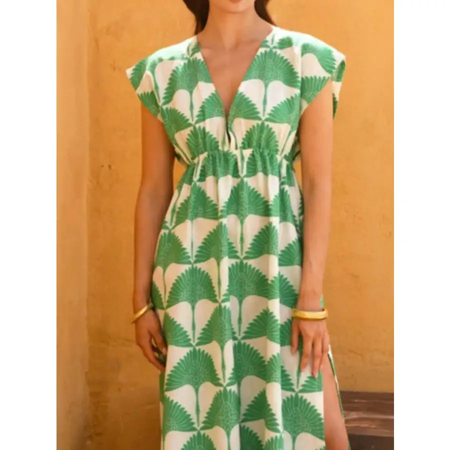 Slit Printed V Neck Cap Sleeve Maxi Dress
