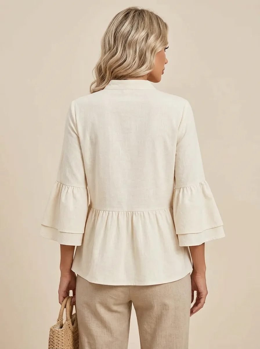 Boho Embroidered V-Neck Printed Peplum Top