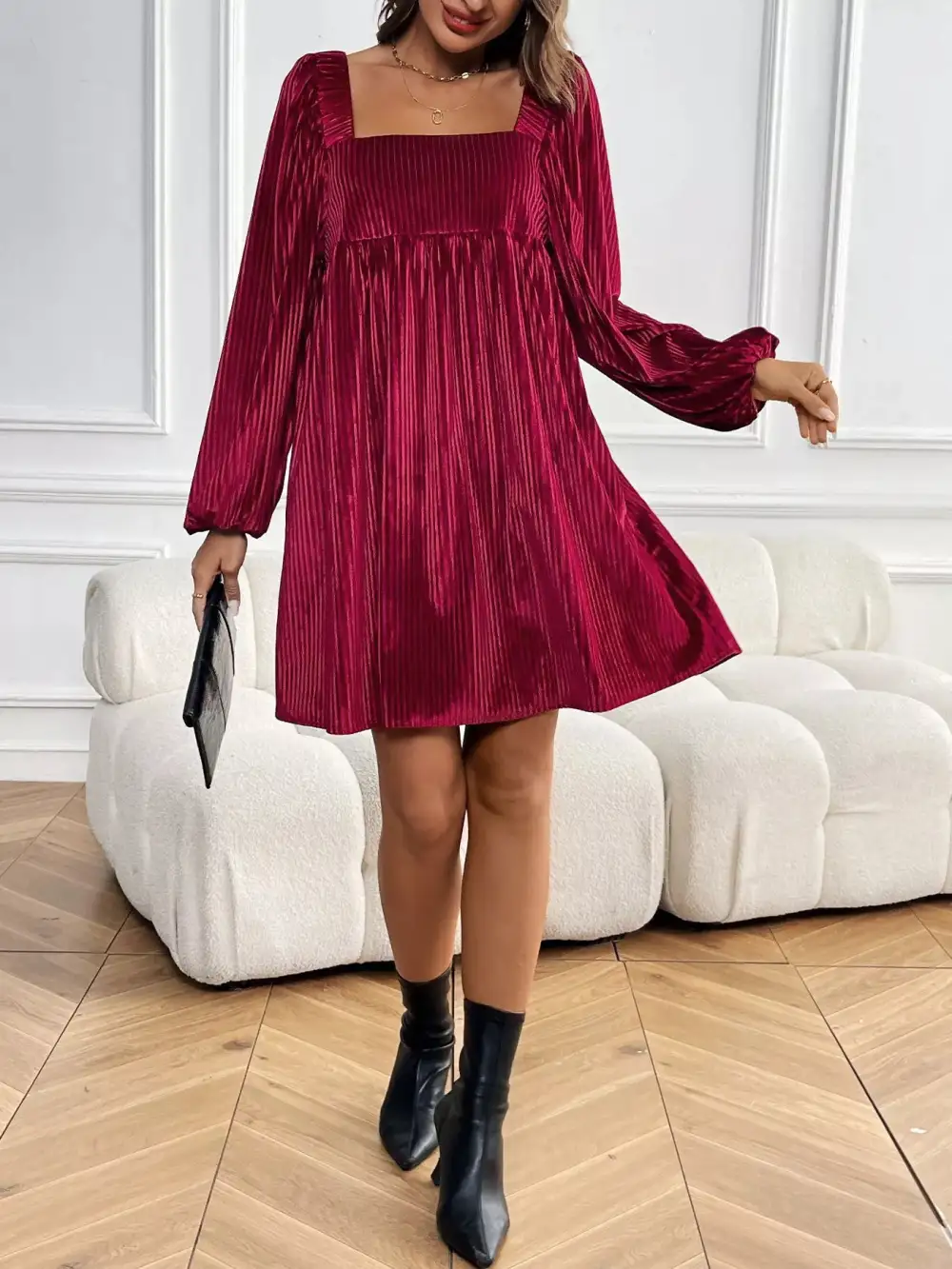 Soft Touch Velvet Square Neck Long Sleeve Dress