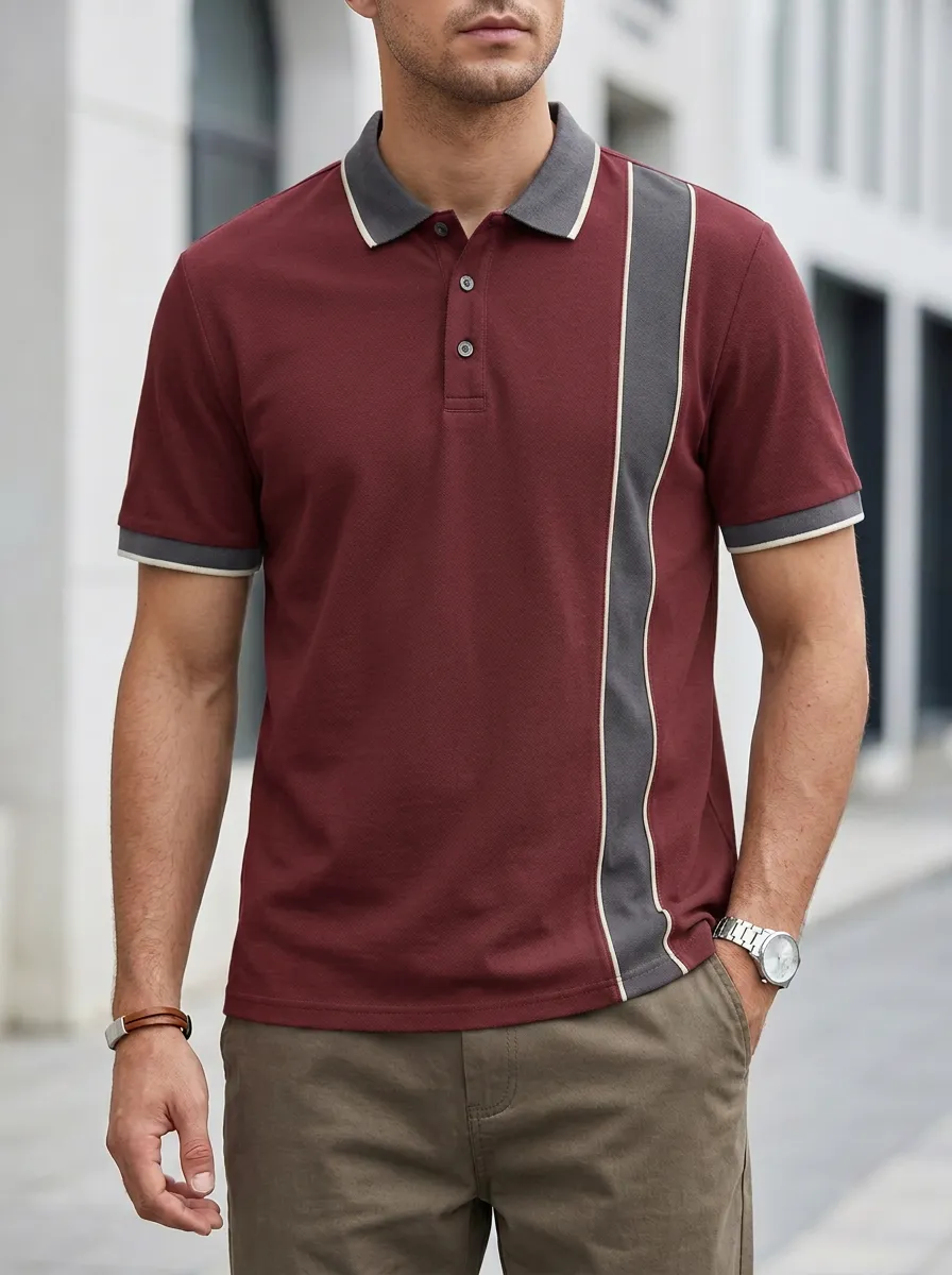Men's Casual Green Colorblock Striped Printed Polo Shirt