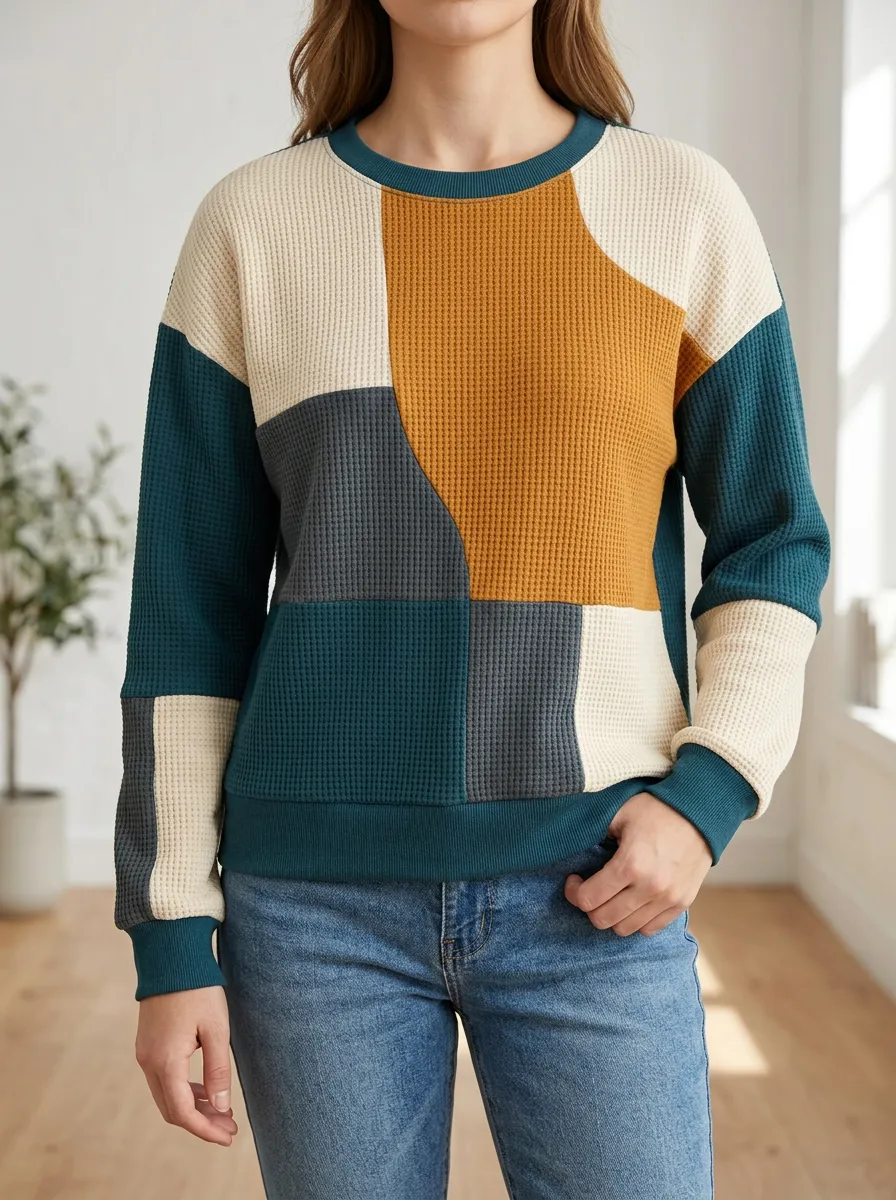Women's Colorblock Geometric Waffle Knit Crewneck Sweatshirt