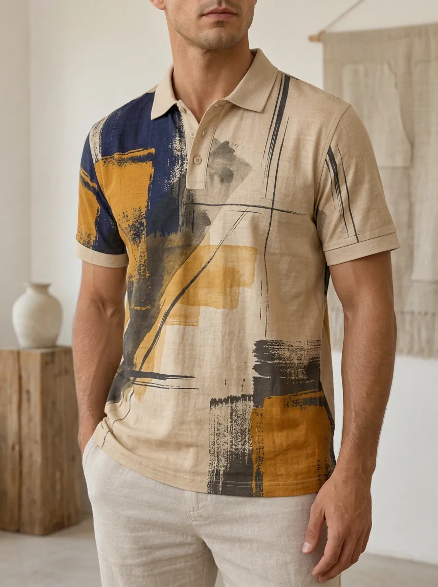 Men's Abstract Art Brushstroke Printed Polo Shirt Weekend Casual Style