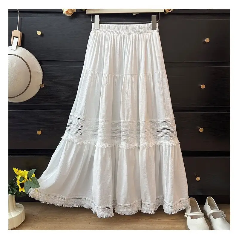 Relaxed High Waist Pleated Hollow Out Fringe Skirt