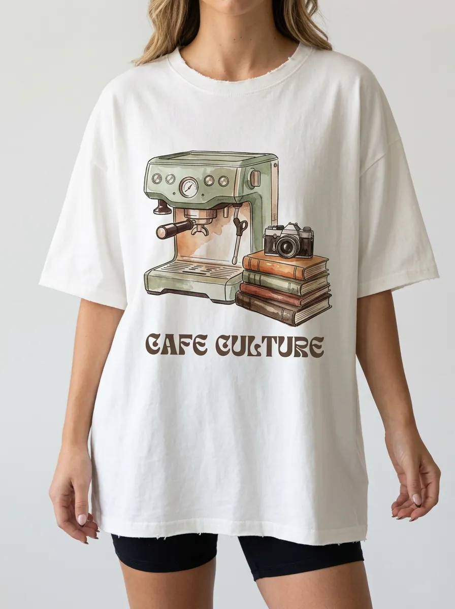 Women's Cafe Culture Coffee Machine Camera Books Graphic T-Shirt