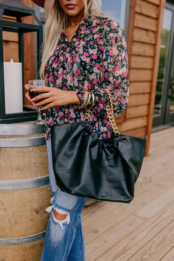 Black Shoulder-Strap Faux Leather Tote Bag
