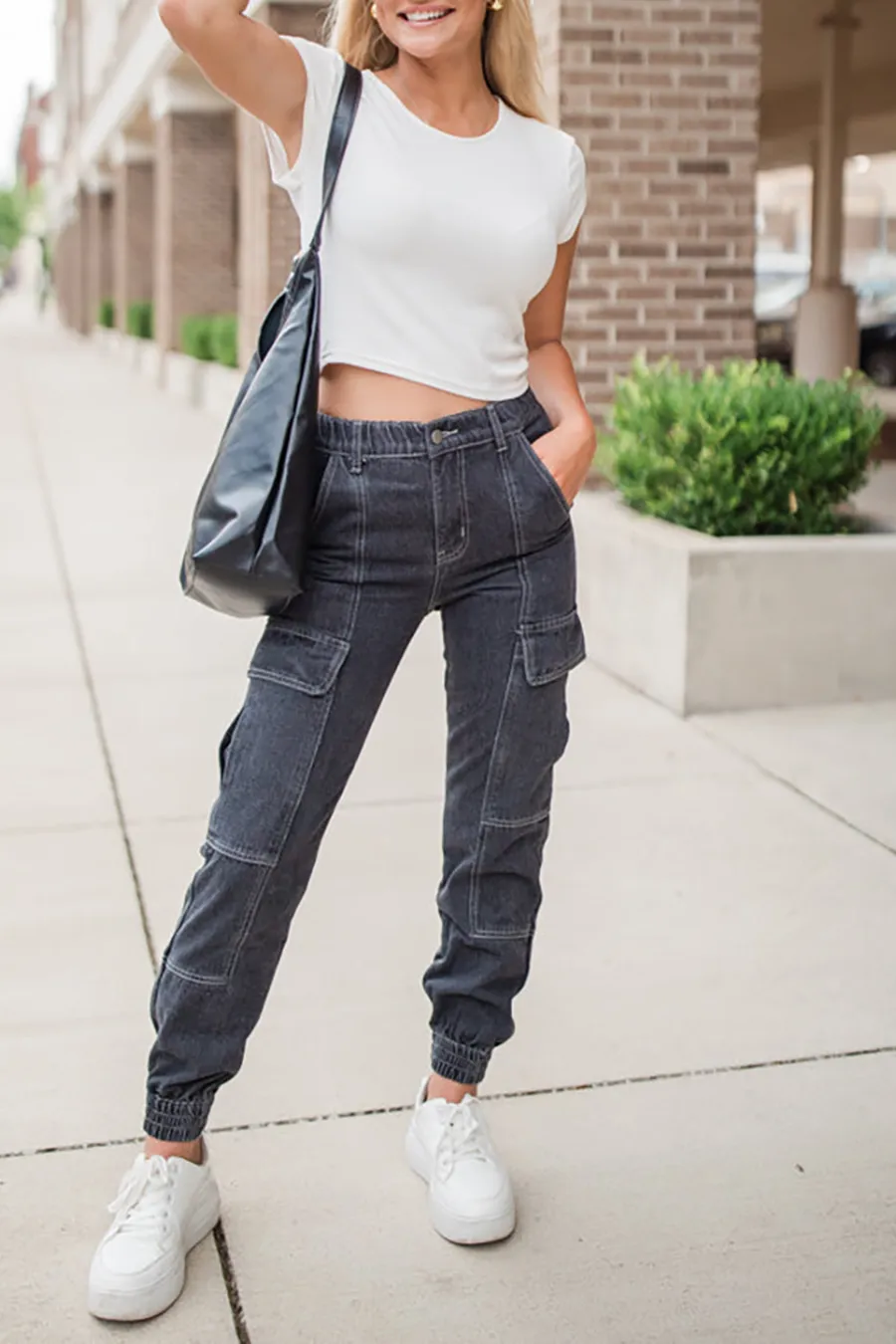 Cotton Washed Black Cargo Style Jeans