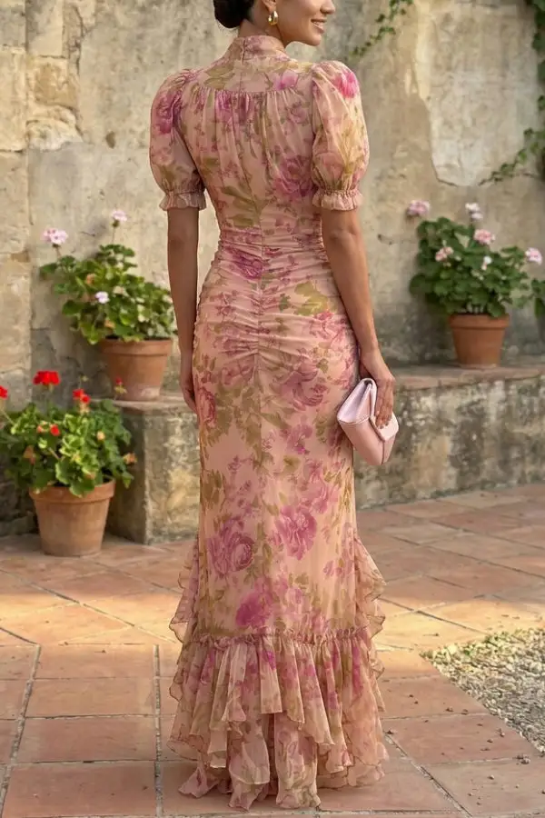 Balanced Romantic Ruffled Ruffle Sleeve And Flowing Maxi Skirt Set