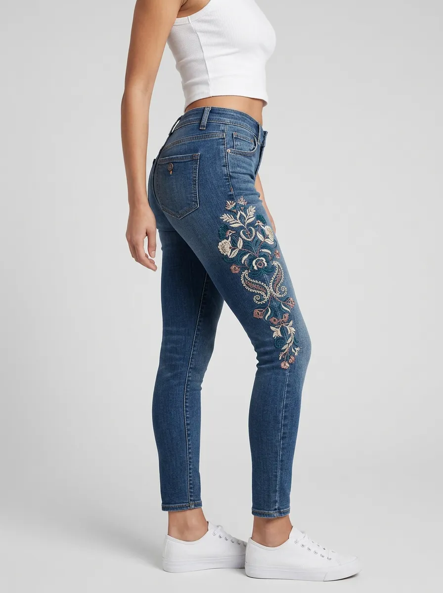 Women's Floral Paisley Embroidery Printed Slim Jeans