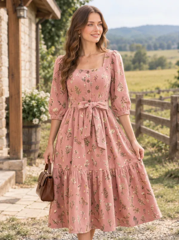 Women's Brown Cottagecore Floral Brown Corduroy High-Waist 3/4 Sleeve Midi Dress