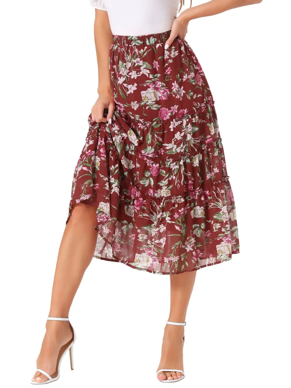 Chiffon Floral-Print Long Tiered Ruffle Boho Midi Skirt