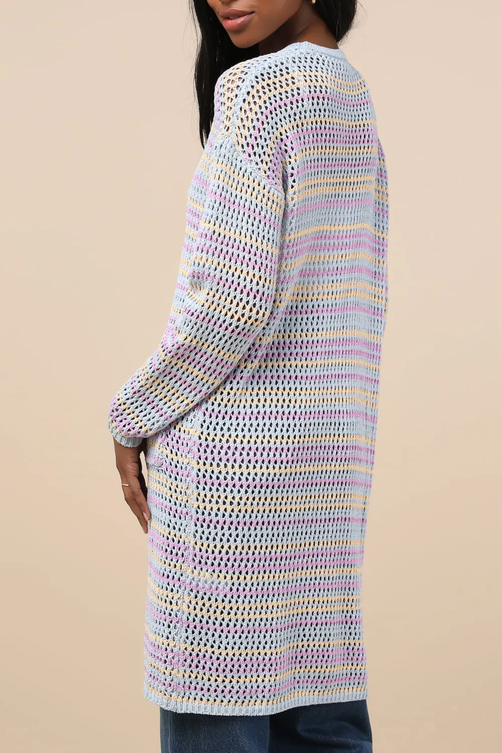 Light Blue Multi Striped Openwork Cardigan