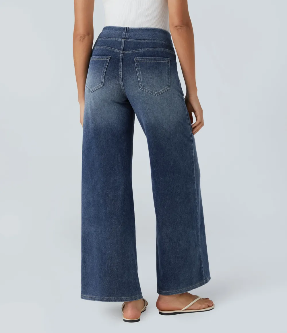 Magic High Waisted Multiple Pockets Wide Leg Washed Stretchy Knit Casual Jeans