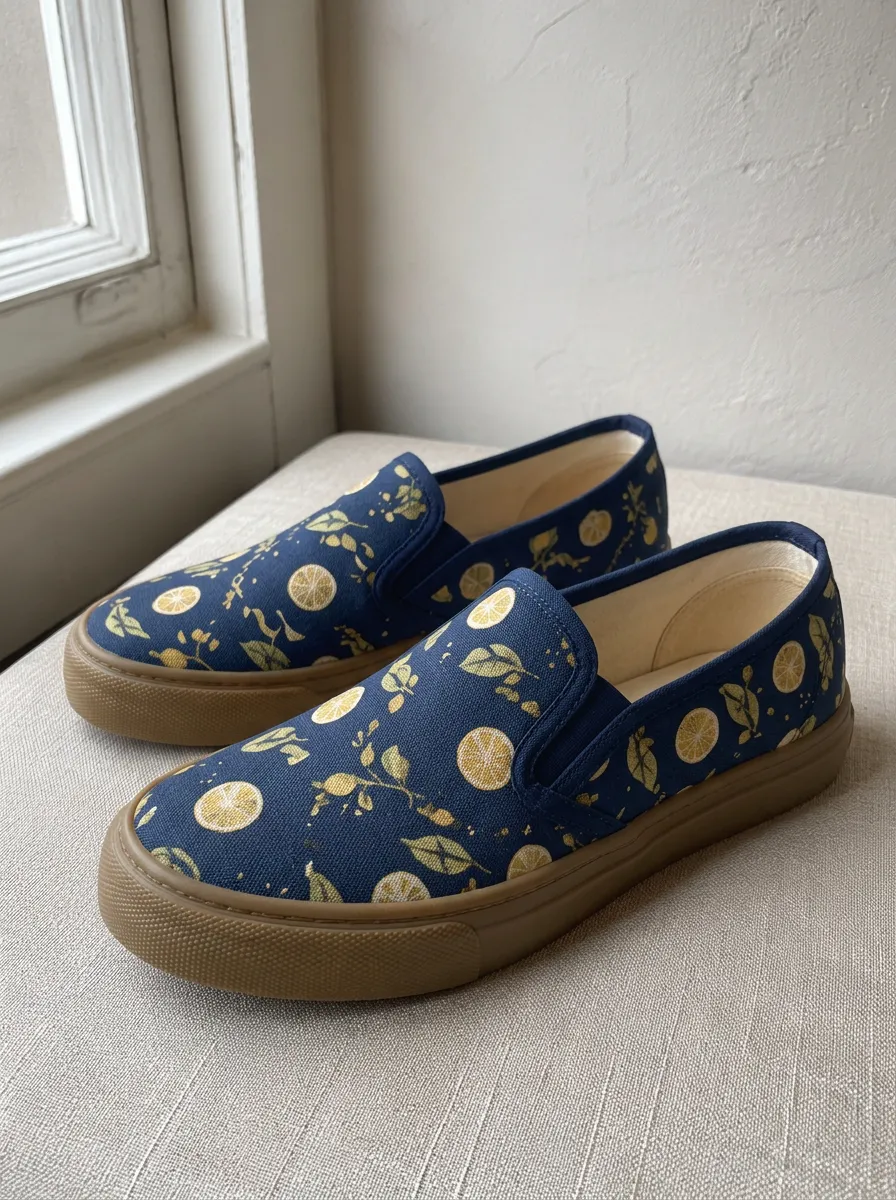 Women's Lemon Fruit Pattern Navy Blue Printed Canvas Shoes