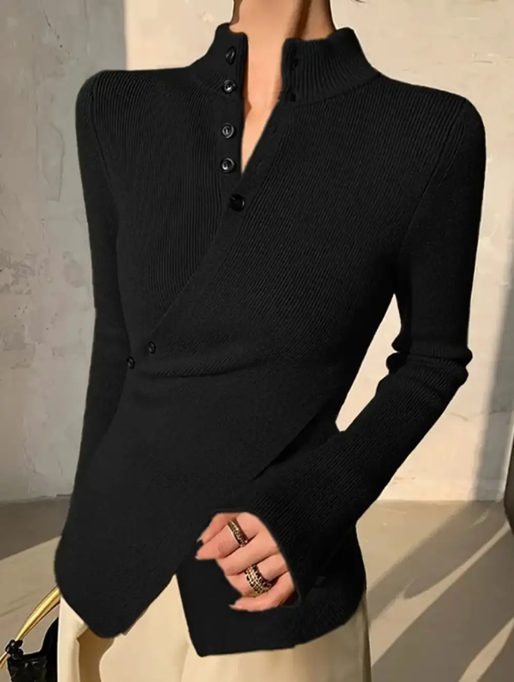 Asymmetric High Neck Knit Top Long Sleeve Tee