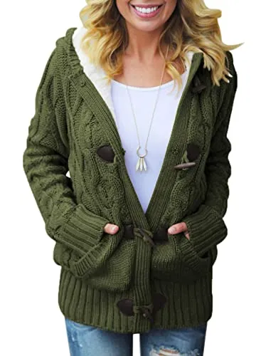 Women Hooded Knit Cardigans Button Cable Sweater Coat