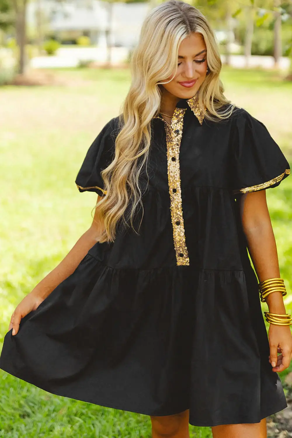 Sequin Trim Bubble Sleeve Game Day Shirt Dress