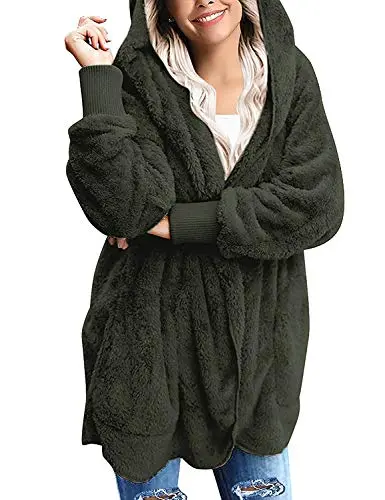 Womens Fuzzy Fleece Open Front Hooded Cardigan Jackets Sherpa Coat with Pockets