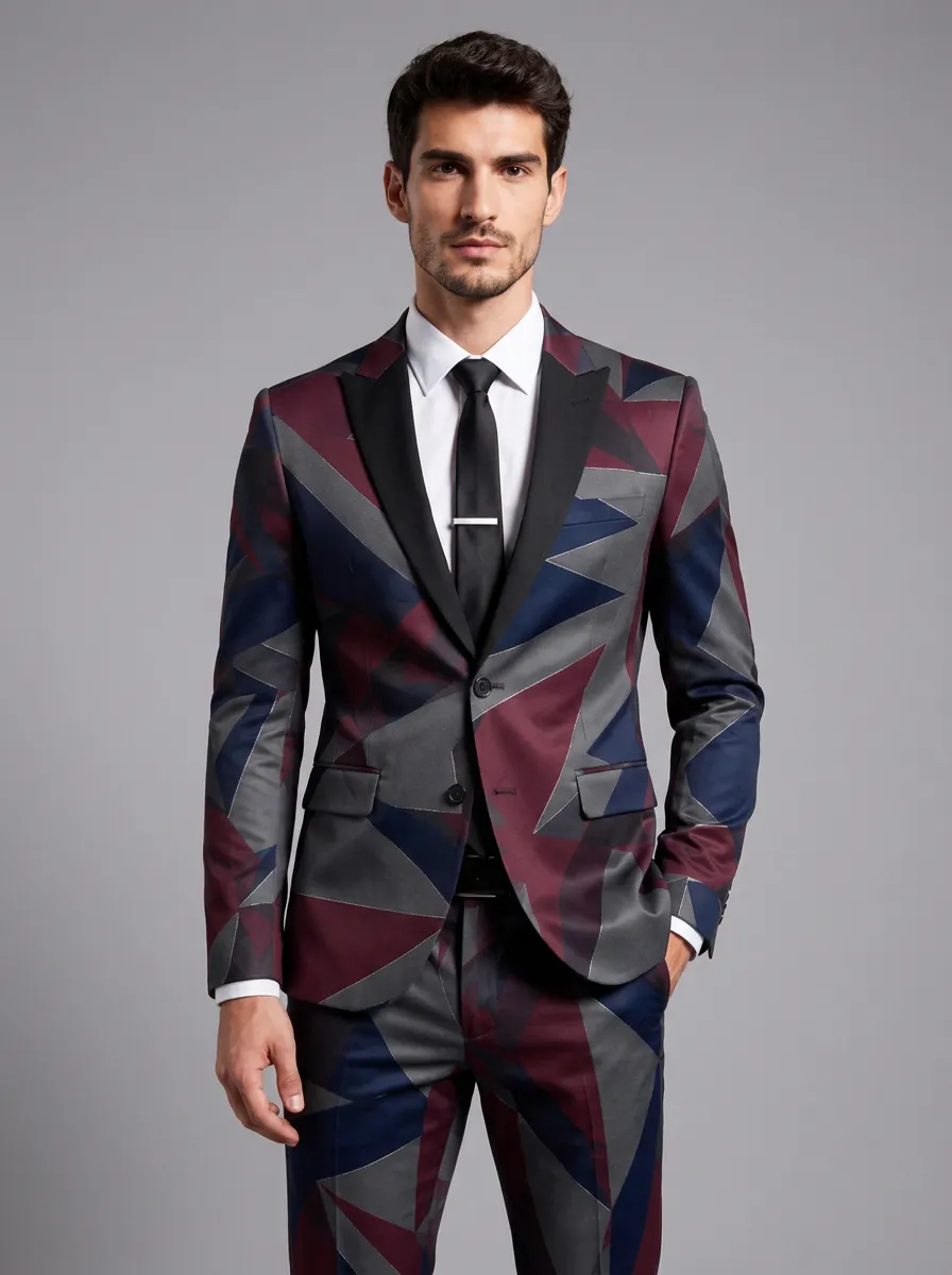 Men's Geometric Pattern Burgundy Navy Printed Blazer Jacket
