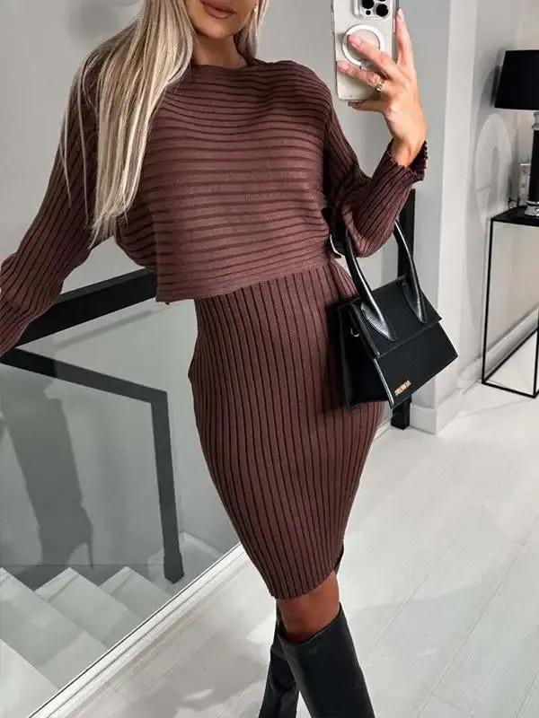 Fashion Pit Strip Long Sleeve Top Slip Skirt Suit